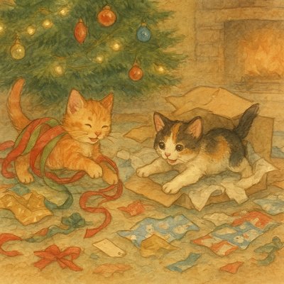 Soft Pastel Watercolor Style, Children's Storybook Illustration, a heartwarming scene under a decorated Christmas tree. Two fluffy kittens, one a ginger tabby and the other a calico, are joyfully playing in a chaotic pile of discarded Christmas wrapping paper, ribbons, and bows. The ginger kitten is tangled in a long piece of shiny red and green paper, batting at a curled ribbon. The calico kitten is pouncing from inside a torn open cardboard gift box, surrounded by crumpled tissue paper. Torn pieces of colorful wrapping paper (gold foil, snowman patterns, stripes) and empty gift tags are scattered everywhere on a plush rug. The Christmas tree above them is glowing with warm fairy lights and decorated with traditional ornaments. The background is a cozy living room with a fireplace.