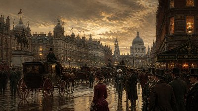 bustling city street panorama at dusk