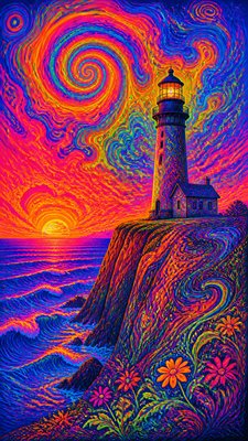 a lone lighthouse on a cliff at dusk under a dramatic sky, no text or lettering