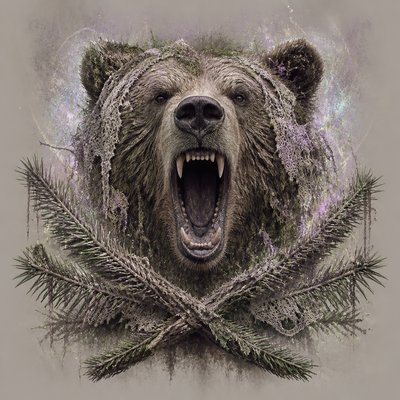 a roaring bear head above crossed pine branches, bold graphic composition on a plain background, no text