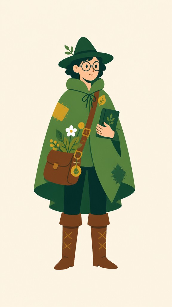 full-body original character: a wandering botanist with a satchel of plants, a patched green cloak, tall boots and round glasses, neutral background