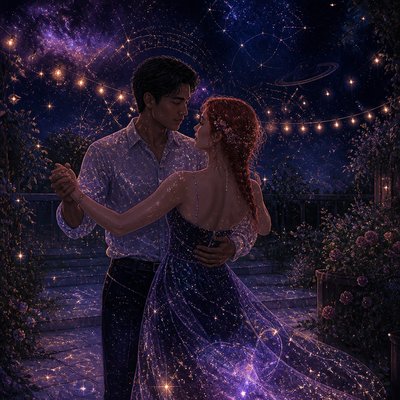 an original couple dancing under string lights in a garden at dusk: a man with short black hair in a linen shirt and a woman with braided red hair in a summer dress