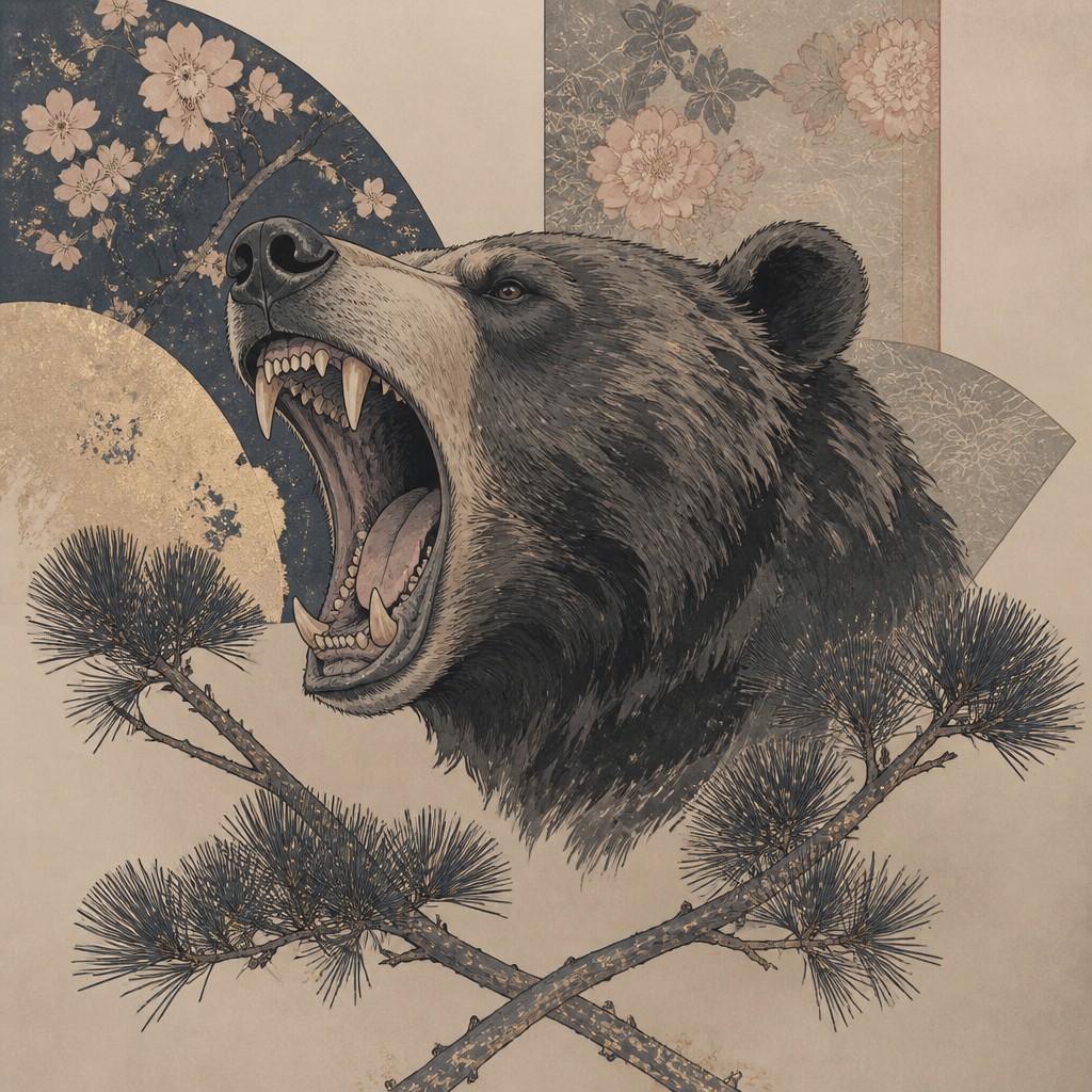 a roaring bear head above crossed pine branches, bold graphic composition on a plain background, no text