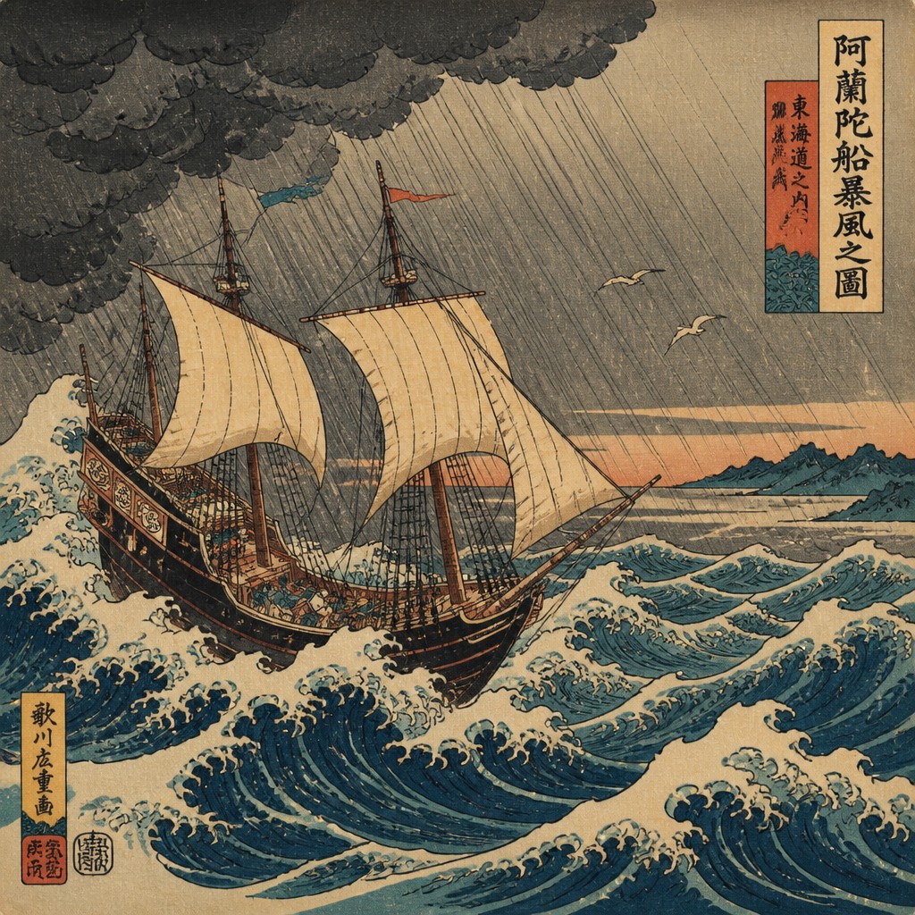 sailing ship on a stormy sea — Ukiyo-e Art Style