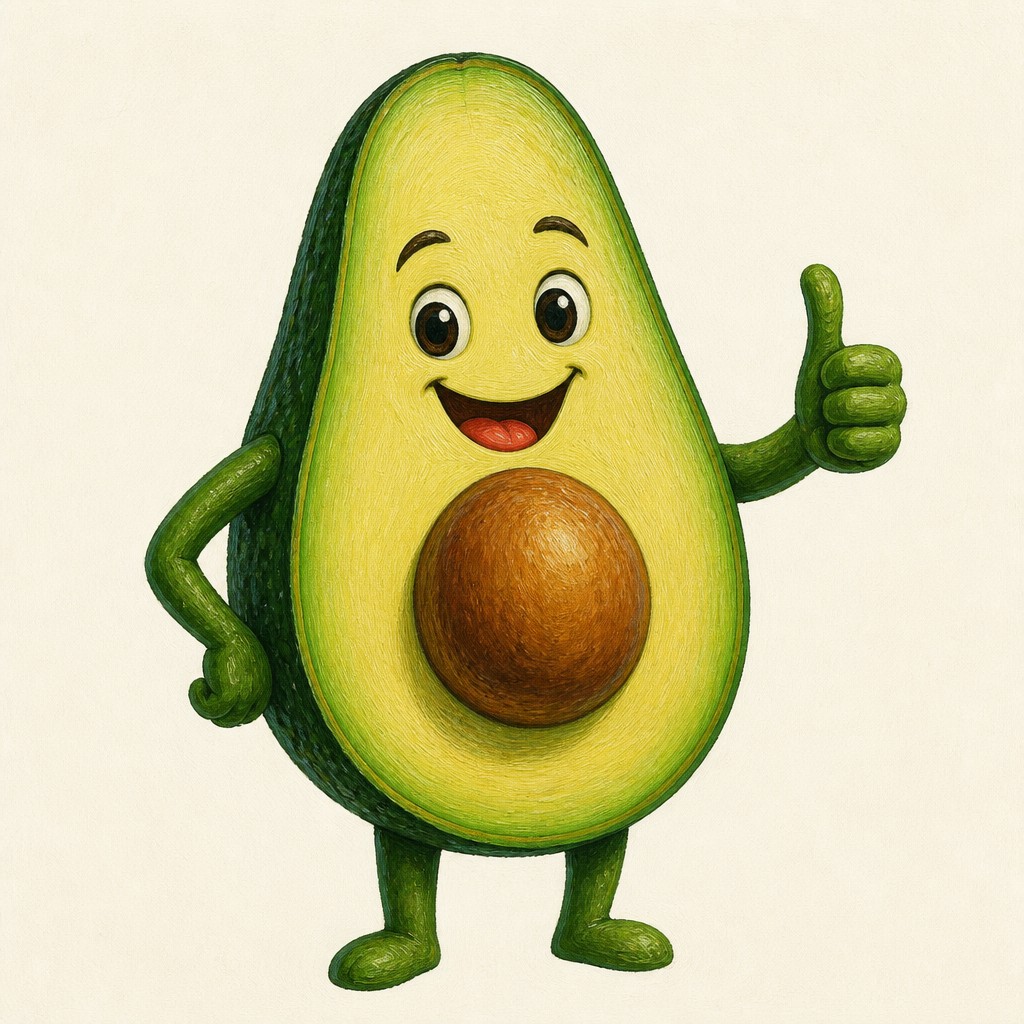 a happy avocado character giving a thumbs up, bold readable design on a plain background, no text