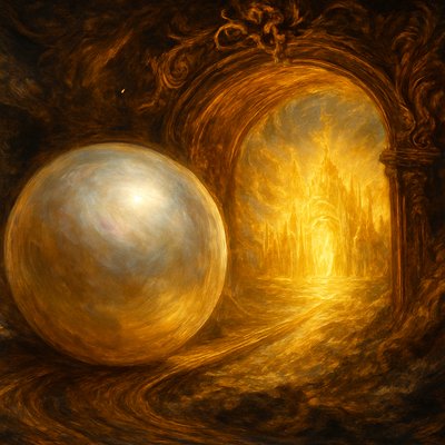 A profoundly symbolic and awe-inspiring depiction of a colossal, luminous pearl gate in the New Jerusalem, captured in the dynamic act of rolling away, similar to the stone being moved from Christ's tomb. The gate, a single, immense, perfectly spherical pearl, is shown mid-motion, having just been set aside from the entrance, revealing the glorious city beyond.

The pearl itself glows with an intense, soft iridescence, reflecting the divine light. Its surface shows subtle, exquisite details of mother-of-pearl. The frame or opening from which it has rolled away is visible, perhaps showing immense, smooth tracks or channels in the transparent gold structure of the city wall, reinforcing the idea of its monumental movement.

Through the now open gate, the radiant glory of the New Jerusalem streams forth. Pure gold streets, like transparent glass, extend into the city, illuminated by an intense, divine light that emanates from within. Heavenly architecture, impossibly beautiful and intricate, is glimpsed in the distance, beckoning. The atmosphere is one of profound sanctity, triumphant revelation, and welcoming access to the divine, with the act of the pearl rolling away symbolizing a breakthrough or an open invitation. The lighting is ethereal and grand, emphasizing the pearl's luster and the city's overwhelming glory."