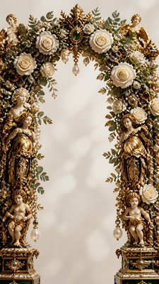 an arch of white roses and eucalyptus in soft morning light, elegant vertical composition with open space, no text
