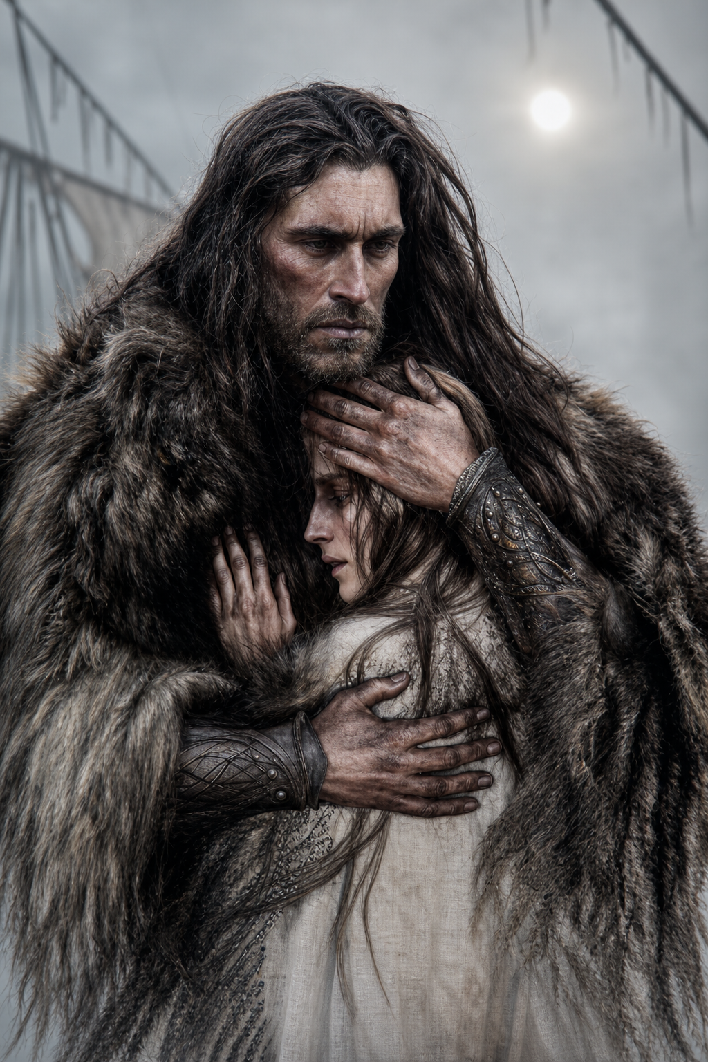 a painting of a man with long hair hugging a woman