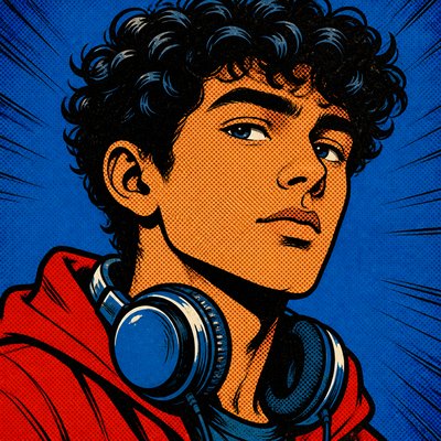 head-and-shoulders portrait of an original character: a young man with curly dark hair and headphones around his neck, plain backdrop, no text