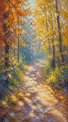 a winding forest path in golden autumn light, no people