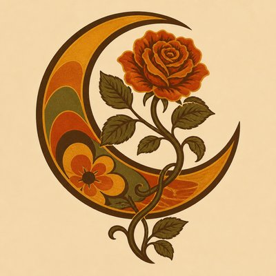 a rose entwined with a crescent moon, clean balanced composition on a plain background, no text