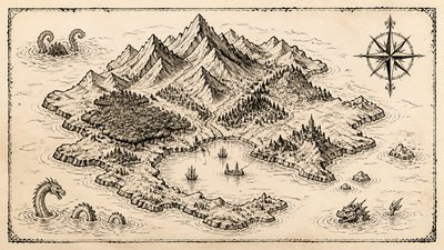a map of an island realm with mountains, forests, a sheltered bay, sea monsters in the water and a compass rose, no text labels