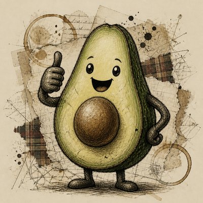 a happy avocado character giving a thumbs up, bold readable design on a plain background, no text