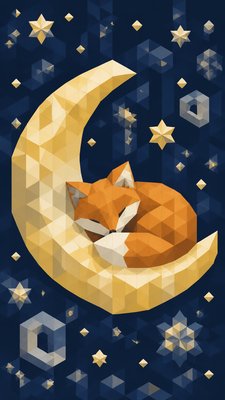 a sleeping baby fox curled on a crescent moon among soft stars, gentle and warm, no text