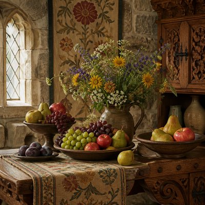 still life arrangement of fruits and flowers
