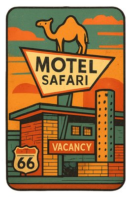 Create an image of the Motel Safari in Tucumcari, showcasing its distinctive Doo Wop or Googie architectural style. The design should feature counter-stacked brickwork with oozing mortar, cinder block walls with unique openings, and metal cylinders with perforated holes that glow softly at night. The sign should incorporate playful geometric shapes, with Clyde the Camel prominently perched on top, illuminated against a vibrant sunset sky. Include a retro Route 66 vibe with neon accents and a welcoming "VACANCY" sign.