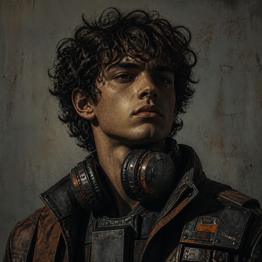 head-and-shoulders portrait of an original character: a young man with curly dark hair and headphones around his neck, plain backdrop, no text
