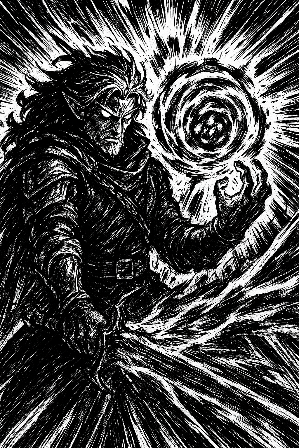 a black and white drawing of a man holding a ball