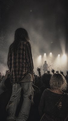 a live music scene with a glowing stage and silhouetted crowd, energetic vertical composition with open space at the top, no text