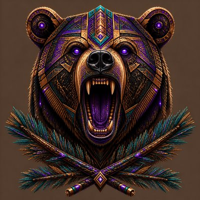 a roaring bear head above crossed pine branches, bold graphic composition on a plain background, no text