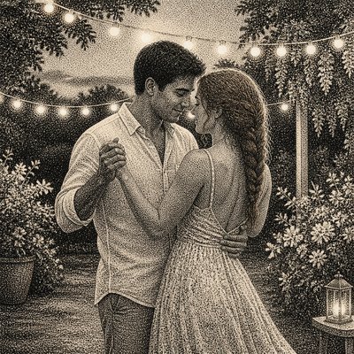 an original couple dancing under string lights in a garden at dusk: a man with short black hair in a linen shirt and a woman with braided red hair in a summer dress
