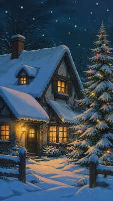 a snow-covered cottage with warm glowing windows beside a decorated pine tree, gentle snowfall, no text