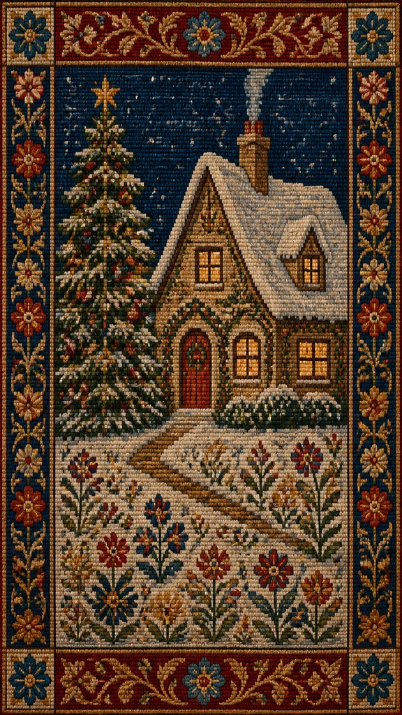 a snow-covered cottage with warm glowing windows beside a decorated pine tree, gentle snowfall, no text