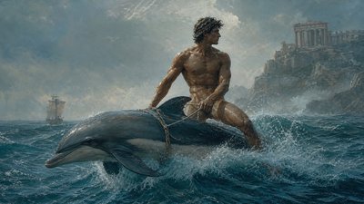 an ancient greek ignudi athlete riding a dolphin