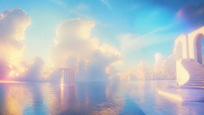 a panoramic ocean horizon with towering clouds at golden hour, no people
