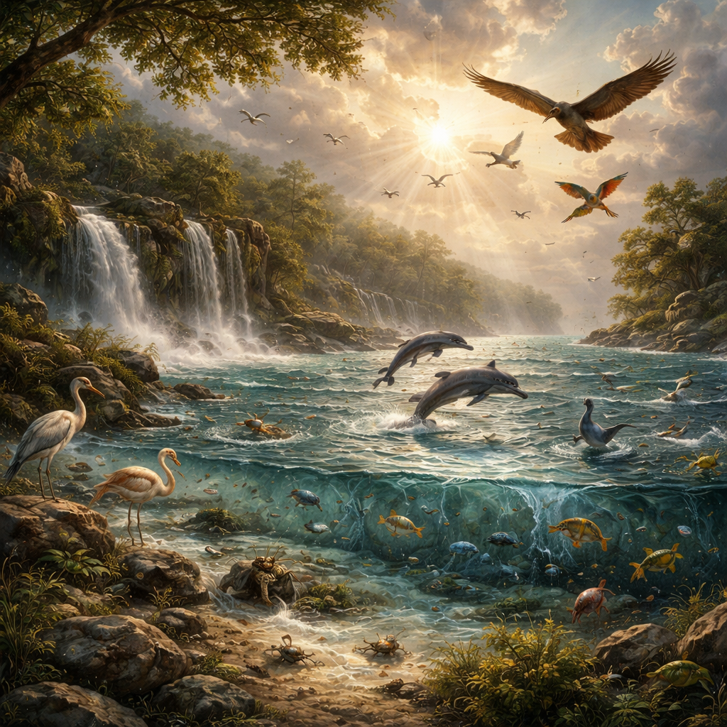 Express without words “And God said, Let the waters bring forth abundantly the moving creature that hath life, and fowl that may fly above the earth in the open firmament of heaven.” (Genesis 1:20, KJV)