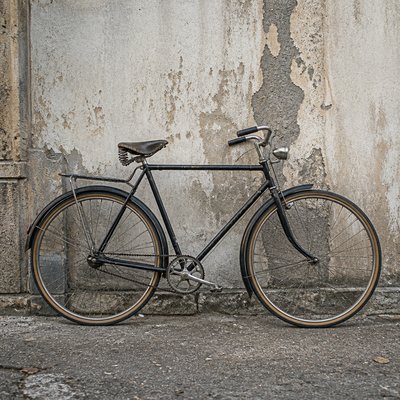 bicyle resting against a wall