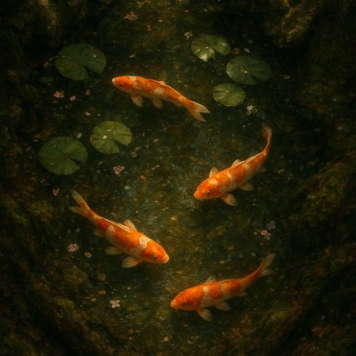 A koi pond seen from above, orange and white koi fish swimming among lily pads, clear water with subtle ripples, fallen cherry blossom petals floating on the surface, dappled sunlight