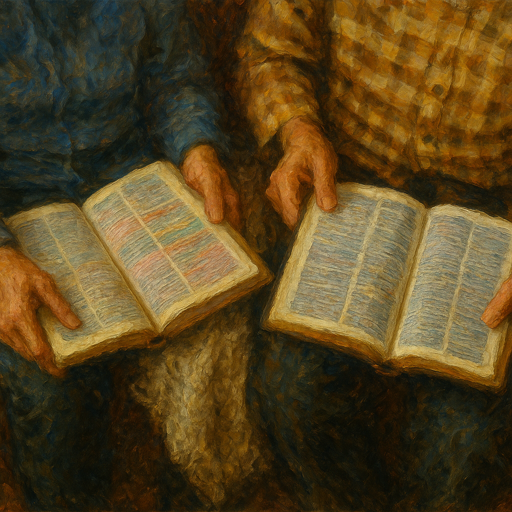 a painting of two people holding open books
