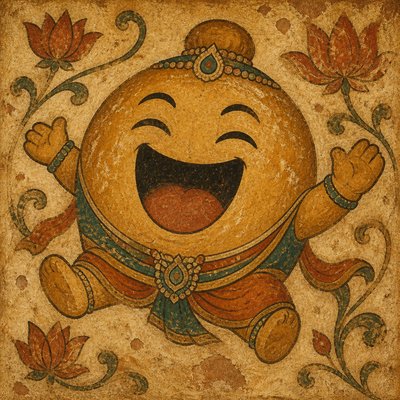 an exaggerated laughing face of an original round mascot character, bold and readable at small size, plain background, no text