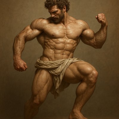 a man with a beard and no shirt is flexing his muscles