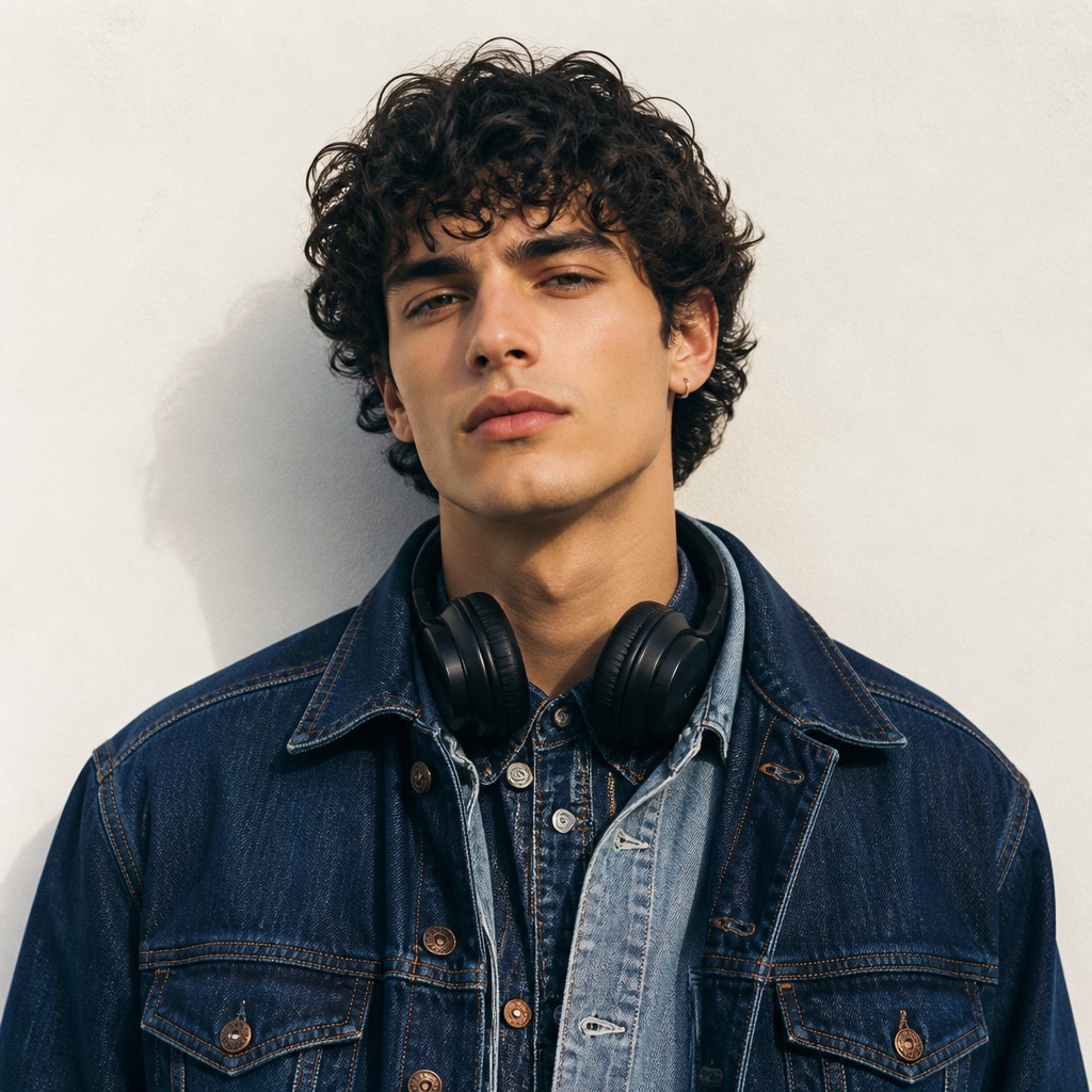 head-and-shoulders portrait of an original character: a young man with curly dark hair and headphones around his neck, plain backdrop, no text