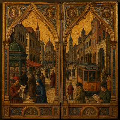 urban street with city activity — Panel Painting Style