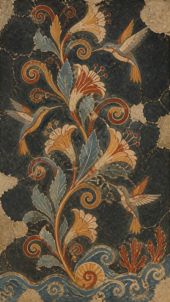 a climbing vine of flowers and hummingbirds on a dark background, tall wrapping composition, no text