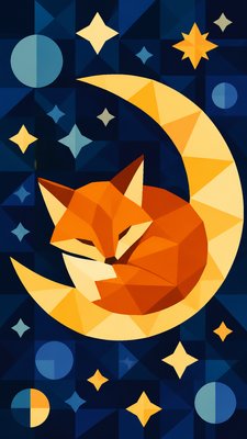 a sleeping baby fox curled on a crescent moon among soft stars, gentle and warm, no text