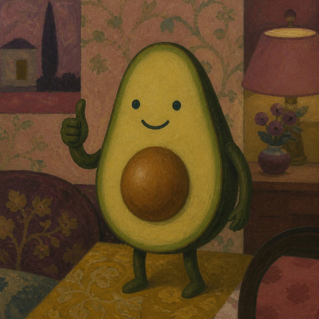 a happy avocado character giving a thumbs up, bold readable design on a plain background, no text