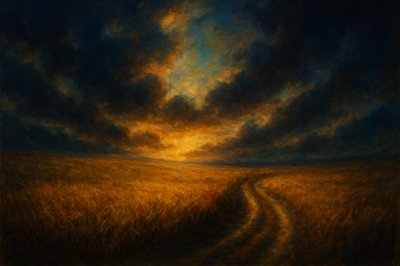 a painting of a sunset over a wheat field