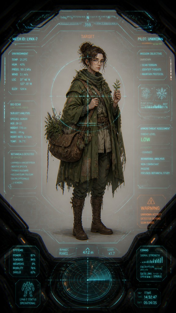 full-body original character: a wandering botanist with a satchel of plants, a patched green cloak, tall boots and round glasses, neutral background