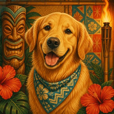 portrait of a golden retriever wearing a blue bandana, warm plain backdrop, no text