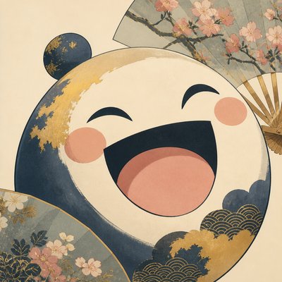 an exaggerated laughing face of an original round mascot character, bold and readable at small size, plain background, no text