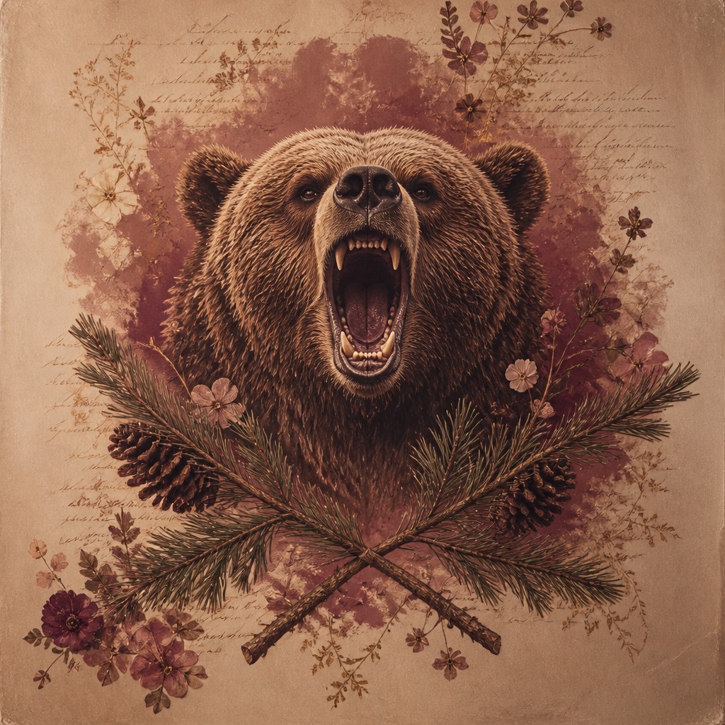 a roaring bear head above crossed pine branches, bold graphic composition on a plain background, no text
