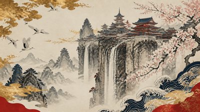 a cliffside city with waterfalls cascading into a misty canyon, wide establishing shot, no people, no text