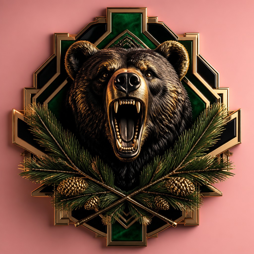 a roaring bear head above crossed pine branches, bold graphic composition on a plain background, no text