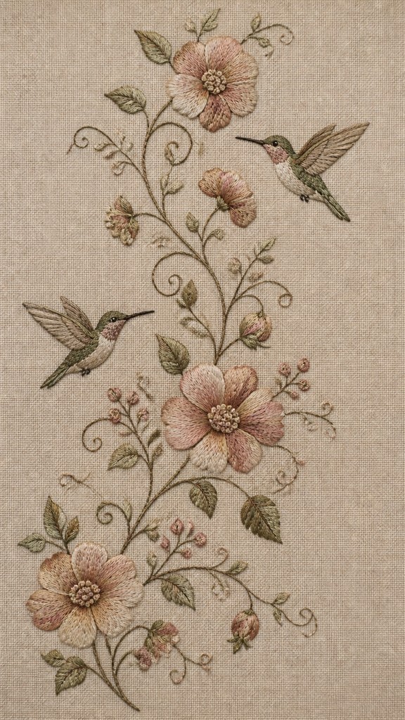 a climbing vine of flowers and hummingbirds on a dark background, tall wrapping composition, no text