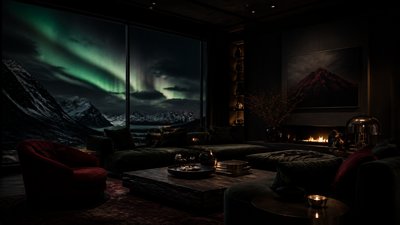 a flowing aurora over snowy peaks, wide sweeping composition, no people, no text