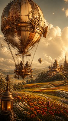 a hot air balloon drifting over rolling flower fields on a sunny day, cheerful, no text